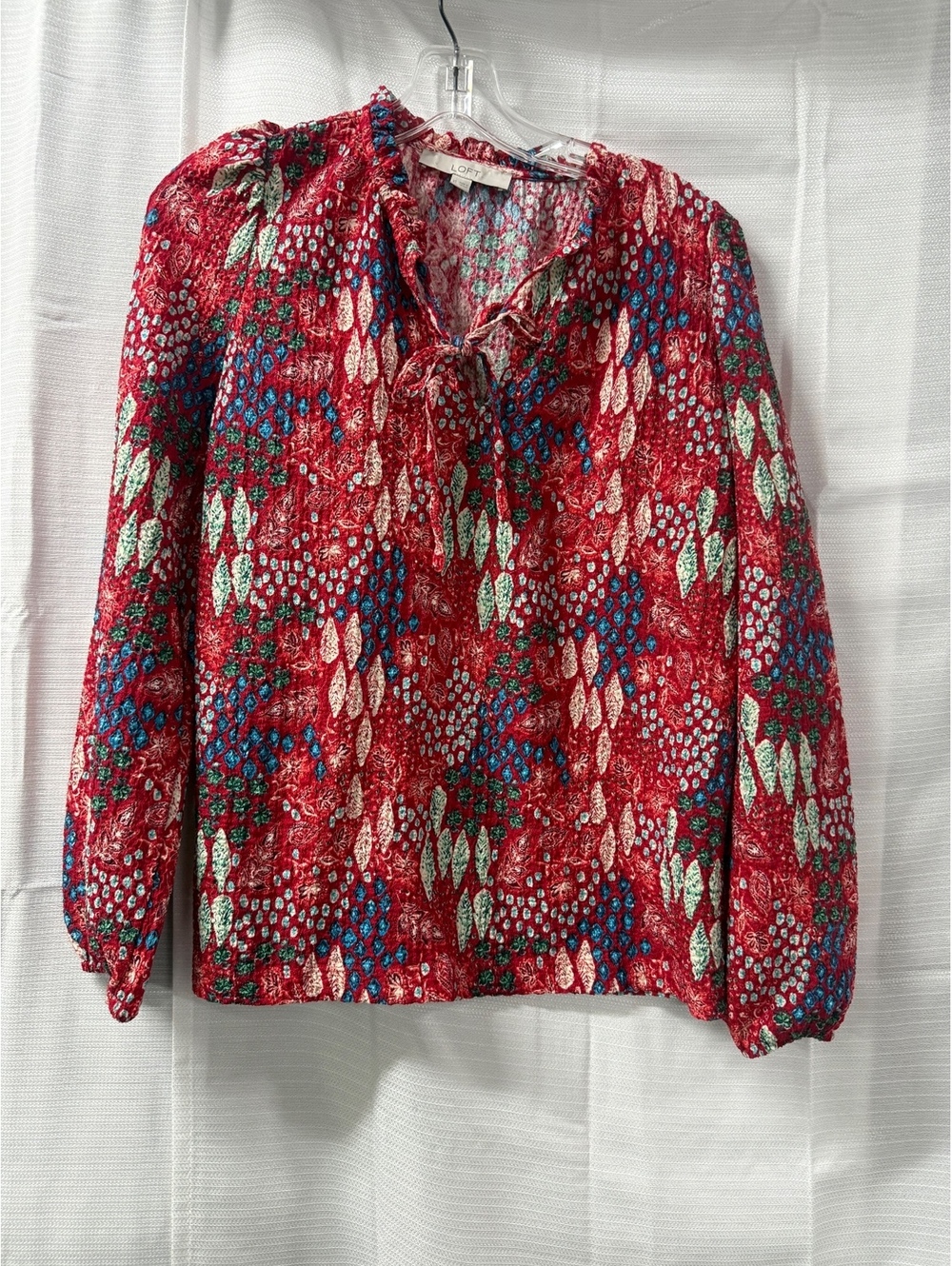 LOFT Women's Red Patterned Long Sleeve Blouse Size XS